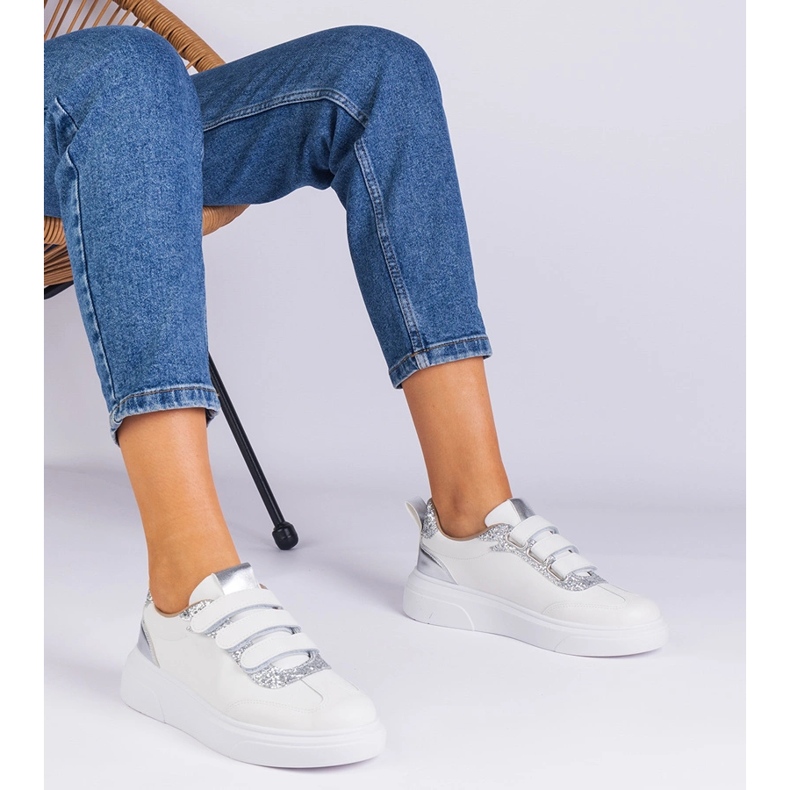 Ženske bijele i srebrne tenisice za čičak ukrašene sjajem bijela 1