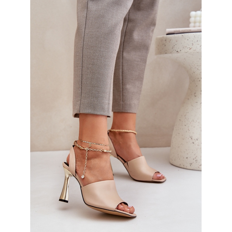 Kožne sandale na visokoj peti s ukrasnom Chebello 4440 bež narukvica 2