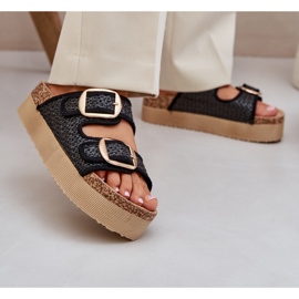 Papuče s pletenicama i kopčama na masivnoj platformi crno crna 2