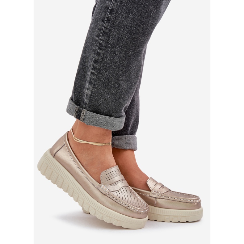 Ženske otvorene kožne kože na platformi i klinovi šampanjca zlatni 1