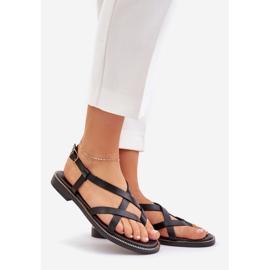Kožne ravne sandale s isprepletenim Zazoo 40429 crne naramenice crno 1