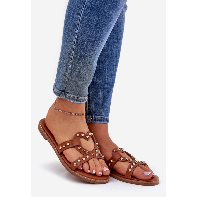 Ukrašene ravne kamile za ženske flip flops smeđa 1