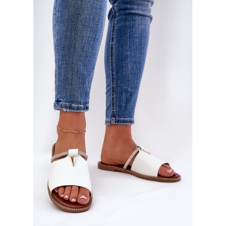 Eco Leather Flat -oleted Flip Flaps s ukrasnim remenom bijelim bijela 2