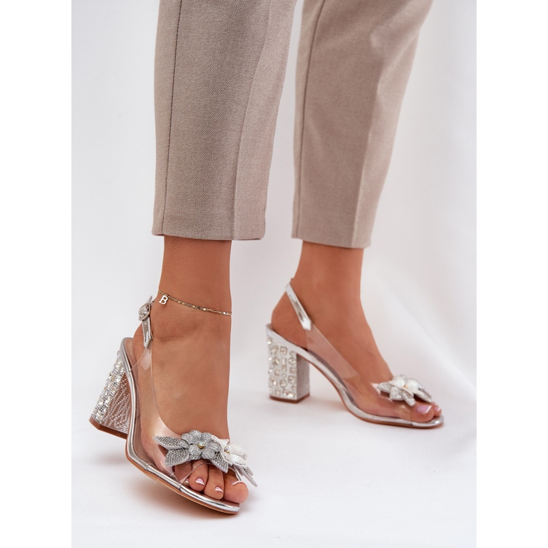 S.Barski Prozirne sandale s cvijećem na ukrašenoj peti D&amp;A MR38-331 Silver srebro 2