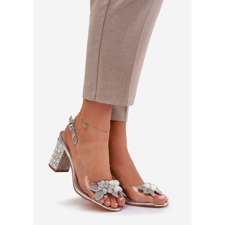 S.Barski Prozirne sandale s cvijećem na ukrašenoj peti D&amp;A MR38-331 Silver srebro 1