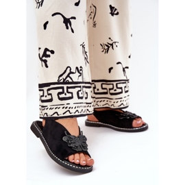 Jezzi Ženske sandale s ravnim slovima s crnim ukrasom crna 2