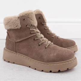 Ženske kožne čizme s krznom na smeđu platformu Rieker 70402-24 bež 2