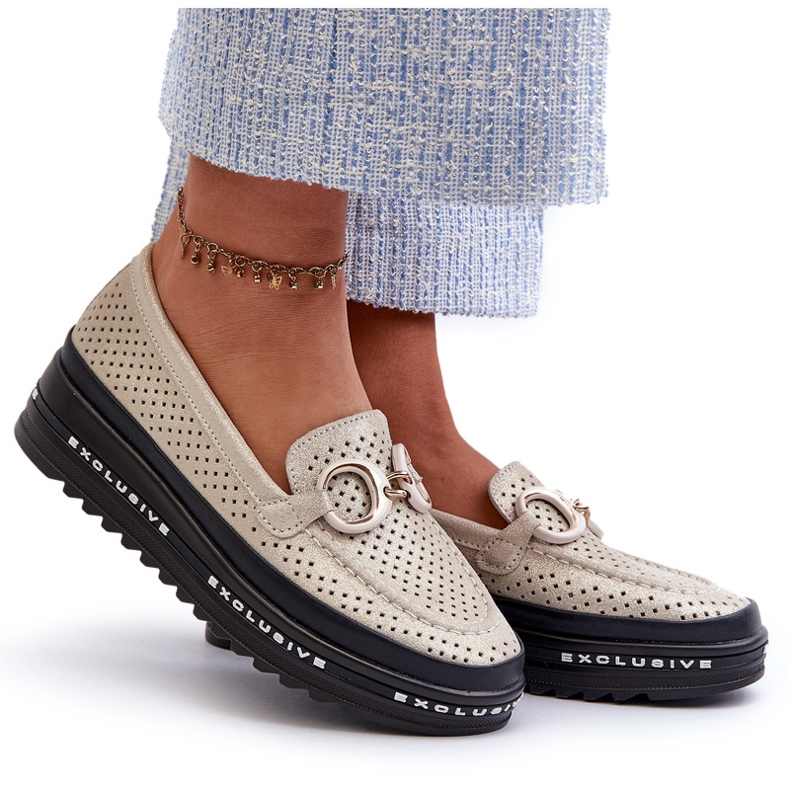 Sjajne kožne ženske mokasine na platformu s ukrasom S.Barski LR750 zlatne zlatni 4