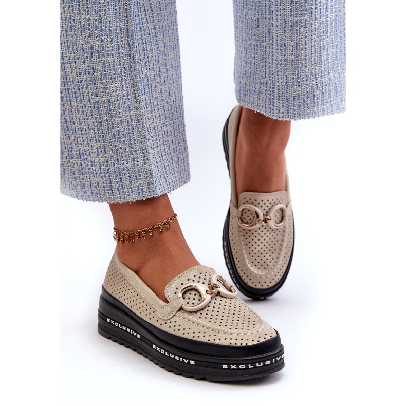 Sjajne kožne ženske mokasine na platformu s ukrasom S.Barski LR750 zlatne zlatni 1