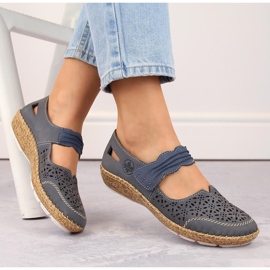 Ženske kožne ažur cipele s čičkom, plave Rieker 44896-15 plava 1