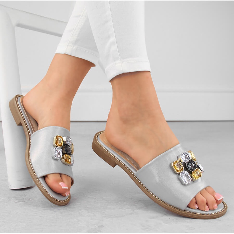 Ženske udobne srebrne papuče sa cirkonima S.Barski 031 srebro 2