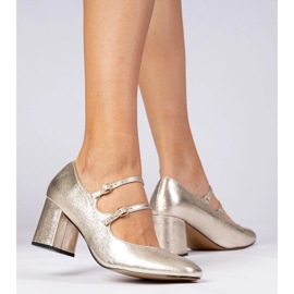 Zlatne ženske pumpe na stupu s kopčama zlatni 1