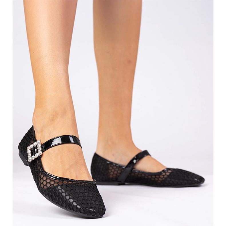 Crne mrežice balerine s stezaljkom i kristalom crno 2