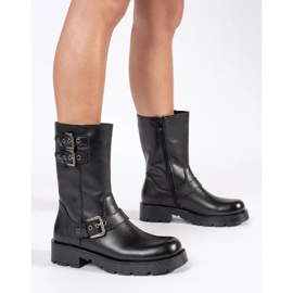 Crne kožne ženske gležnjače na platformu ukrašene Sergio Leone prugama crna 2