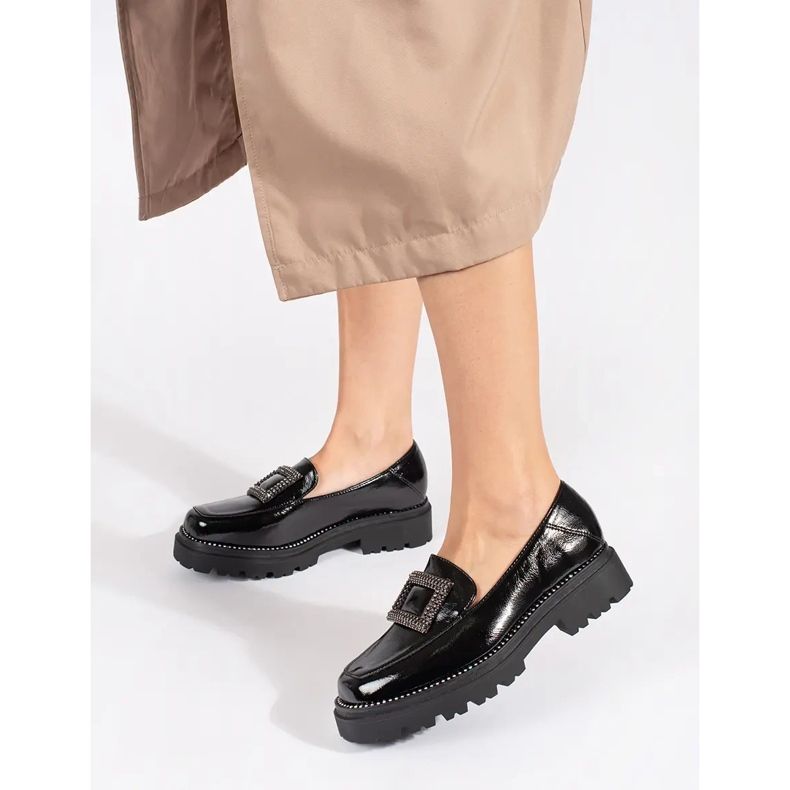 Goodin Ženske crne mokasine s platformom ukrašene kopčom i kamenčićima crna 2