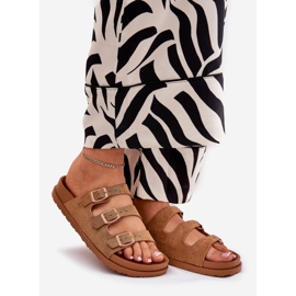 Ženske papuče sa prugama i kopčama deva smeđa 1