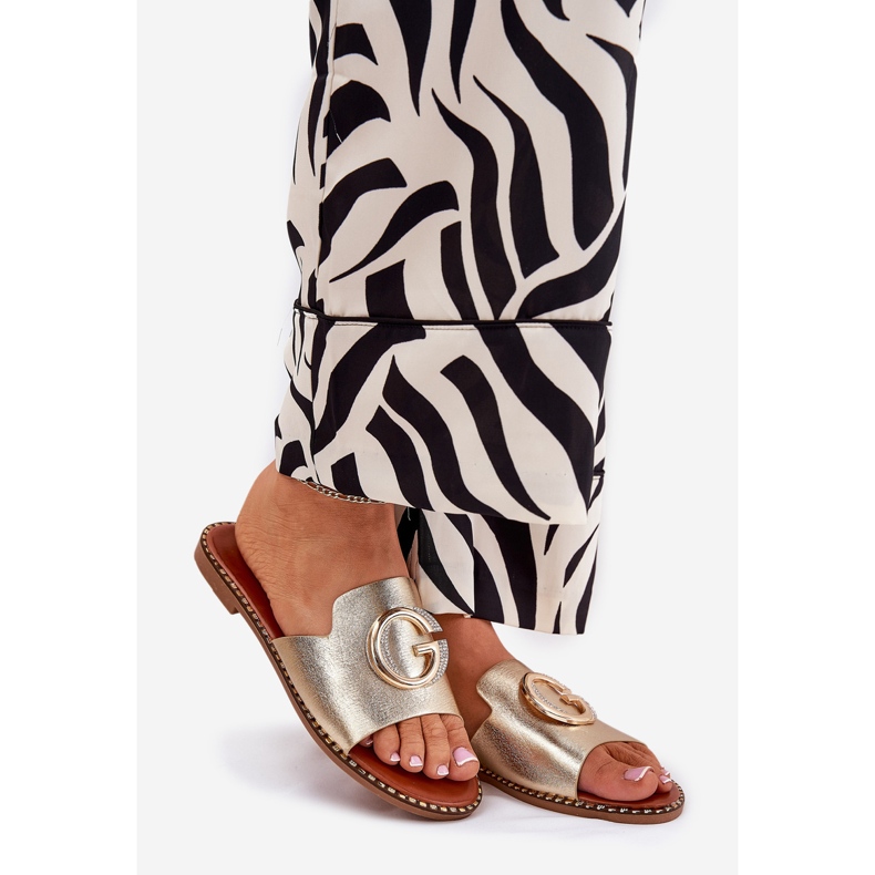 Eko kožne ravne ženske papuče s ukrasnim zlatnim detaljima zlatna 1