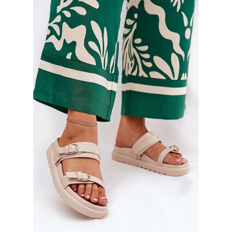 Ženski prelepovi na platformi sa zlatnim kopčama bež 2