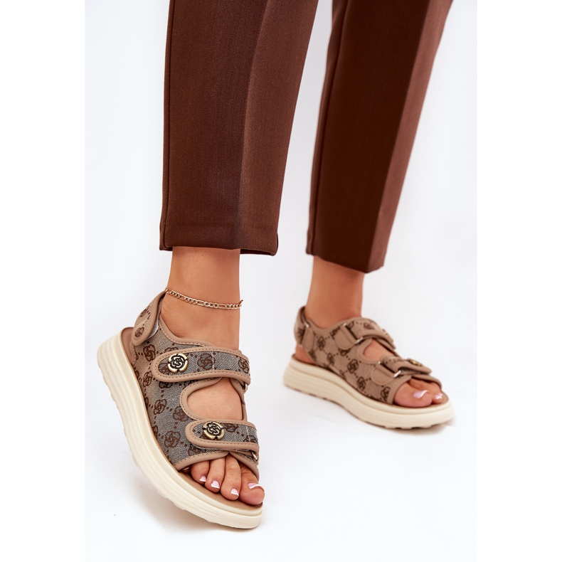 Ženske sandale s uzorkom sa zlatnim detaljima kaki bež 2