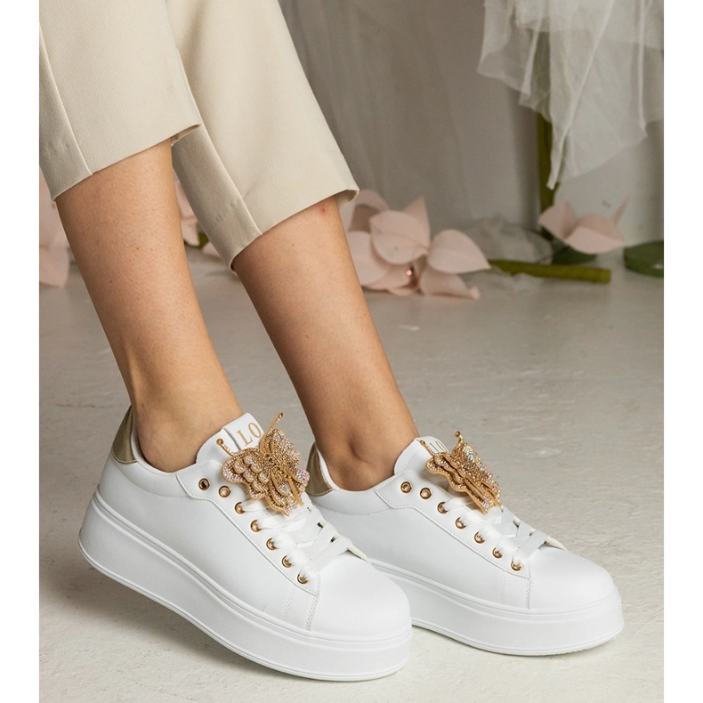 Bijele i zlatne tenisice ukrašene leptirom s cirkonima bijela 2