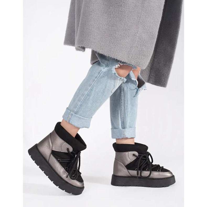 Ženske crne i srebrne čizme za snijeg na vezanje s debelim potplatom crna 2