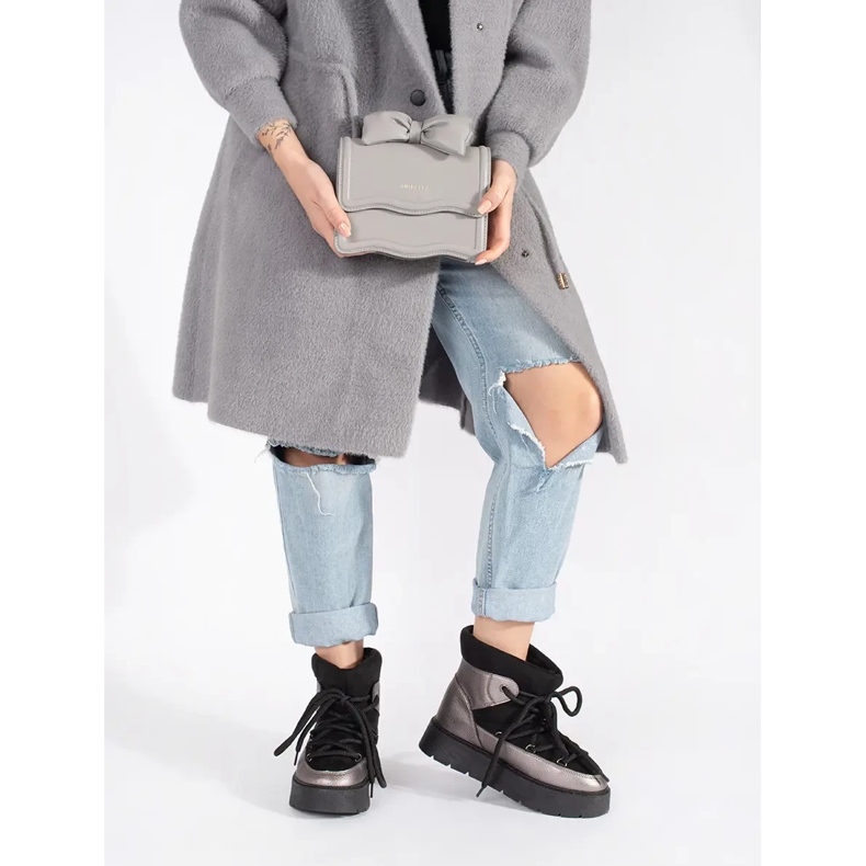 Ženske crne i srebrne čizme za snijeg na vezanje s debelim potplatom crna 1