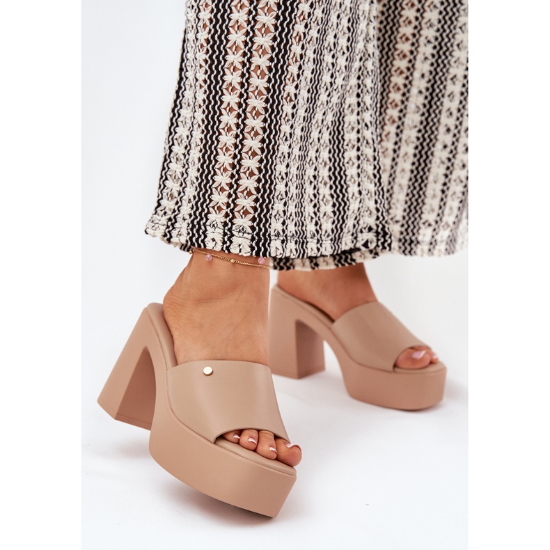 Ženske eko kožne papuče na platformi Post i Khaki bež 2