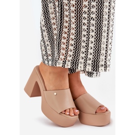 Ženske eko kožne papuče na platformi Post i Khaki bež 1