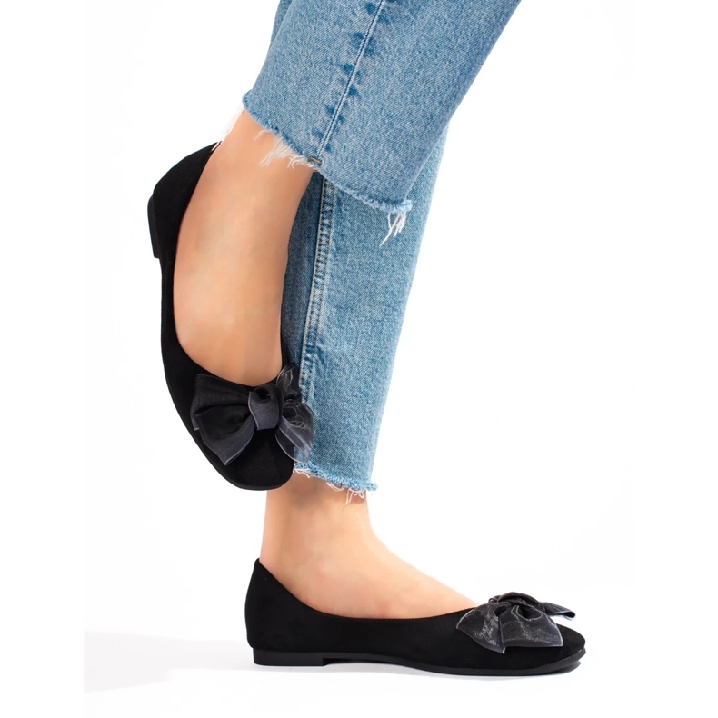 Ženske balerinke od brušene kože s mašnom Shelovet crne crno 1