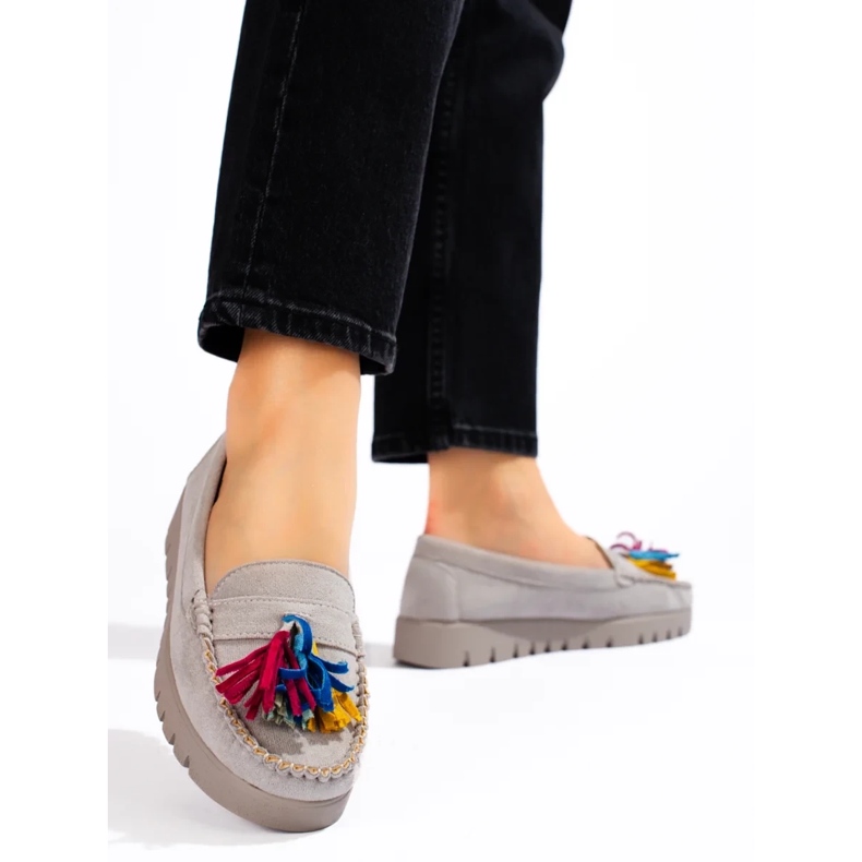 W. Potocki Potocki sive boho natikače od brušene kože s resama siva 2