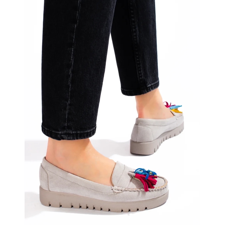 W. Potocki Potocki sive boho natikače od brušene kože s resama siva 1