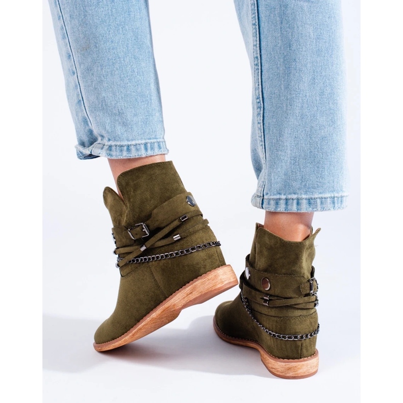 Ženske zelene kaubojske čizme Shelovet na klin od brušene kože zelena 1