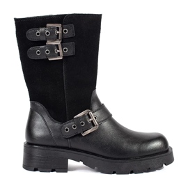 Crne kožne ženske gležnjače na platformu ukrašene Sergio Leone prugama crno 1