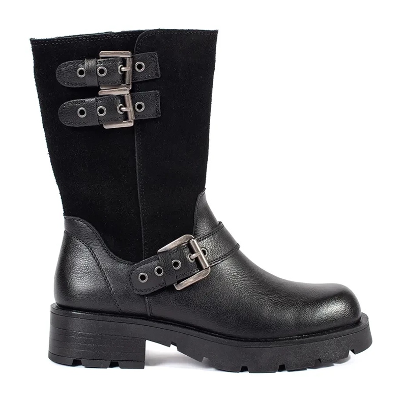 Crne kožne ženske gležnjače na platformu ukrašene Sergio Leone prugama crna 1