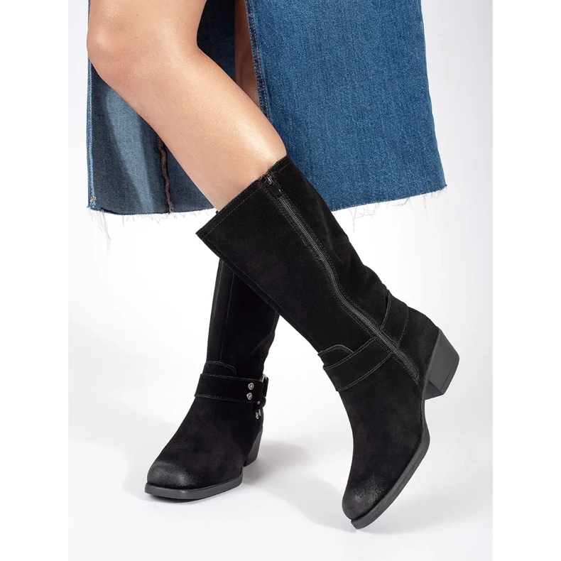 Ženske crne kožne kaubojske čizme Sergio Leone crna 1