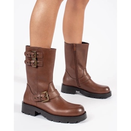 Smeđe kožne ženske gležnjače na platformu ukrašene Sergio Leone prugama smeđa 1