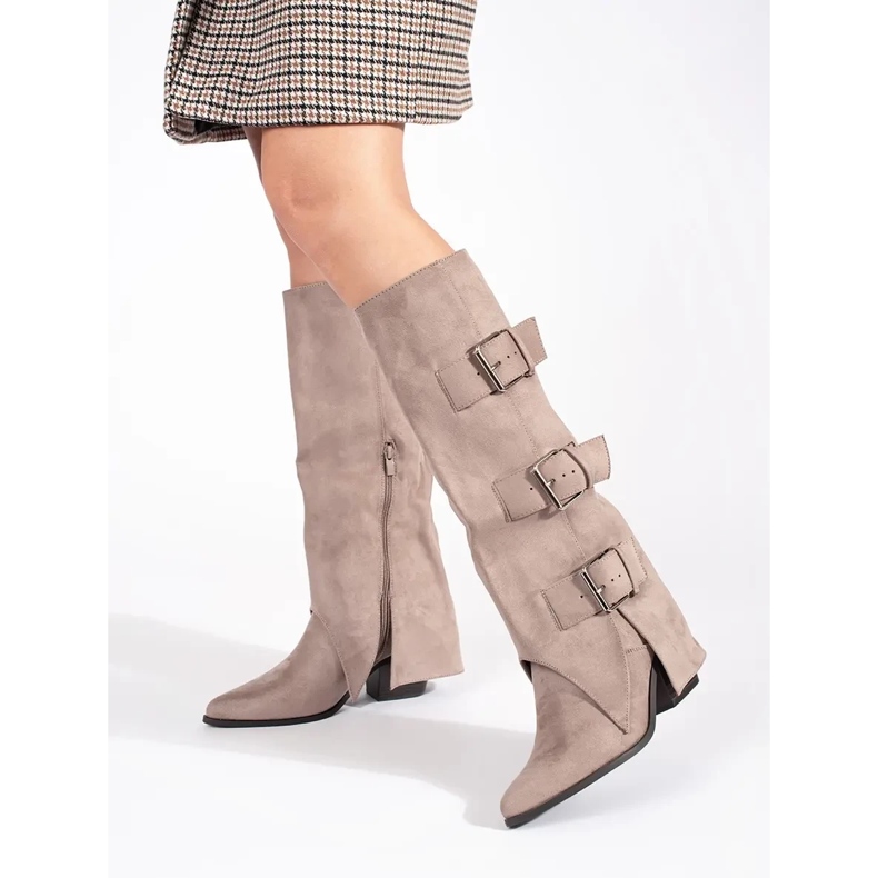 Seastar Ženske čizme od antilopa bež boje na visoku petu s kopčama 2