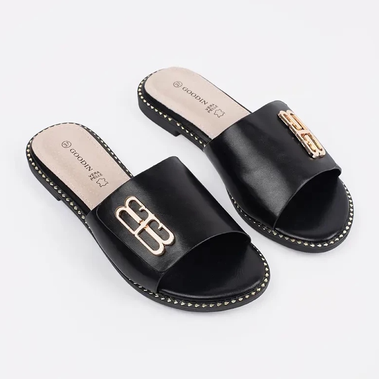 Goodin Crne ženske papuče na ravnom potplatu s ukrasom crno 1