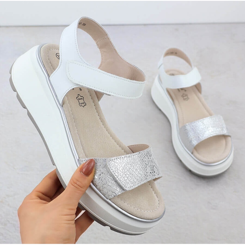 S.Barski Ženske kožne sandale za čičak srebrna platforma S. Barski LR51-543 srebro 1