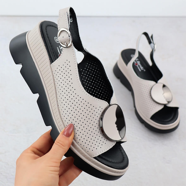 S.Barski Ženske kožne sandale za otvoreni klin Beige S. Barski LR51-788 bež 1