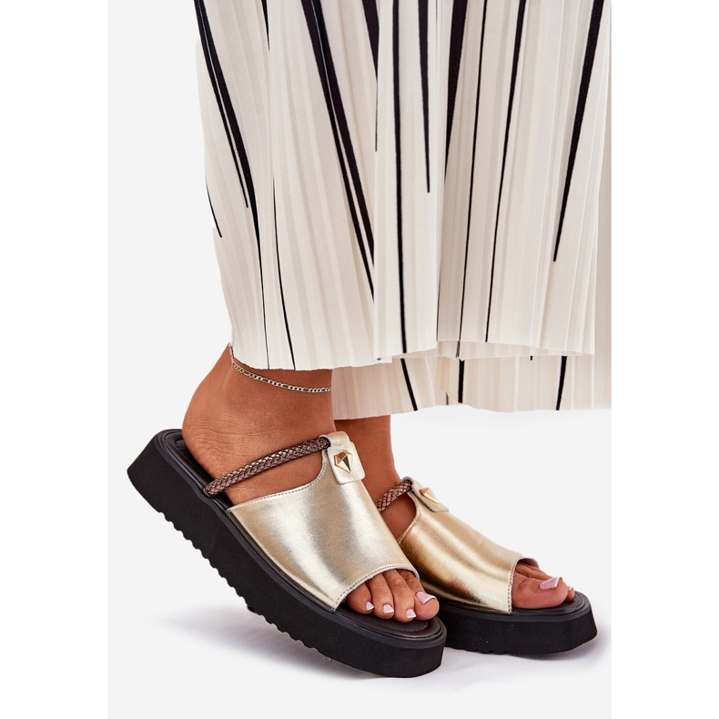 S.Barski Ženske kožne papuče na platformi s ukrasnim pojasom D&amp;A MK51-475 zlato zlatni 1