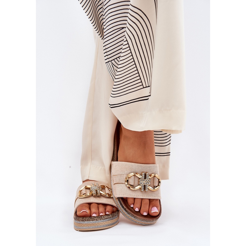 Boto Ženski prelepozi na platformi sa sjajem i zlatnim ukrasom bež 2