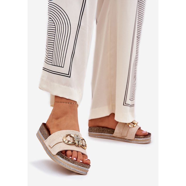 Boto Ženski prelepozi na platformi sa sjajem i zlatnim ukrasom bež 1