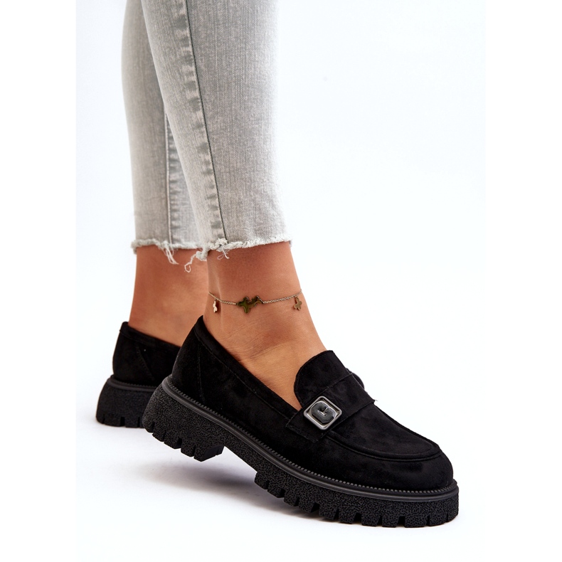 Vinceza Ženske eko-elendarne crne mokasine s ukrasnim remenom i kožnim umetkom crna 2