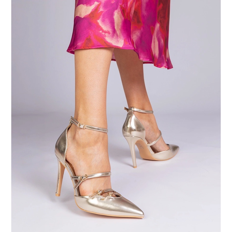 Zlatne pumpe na visokoj peti pričvršćene oko gležnja zlatni 1