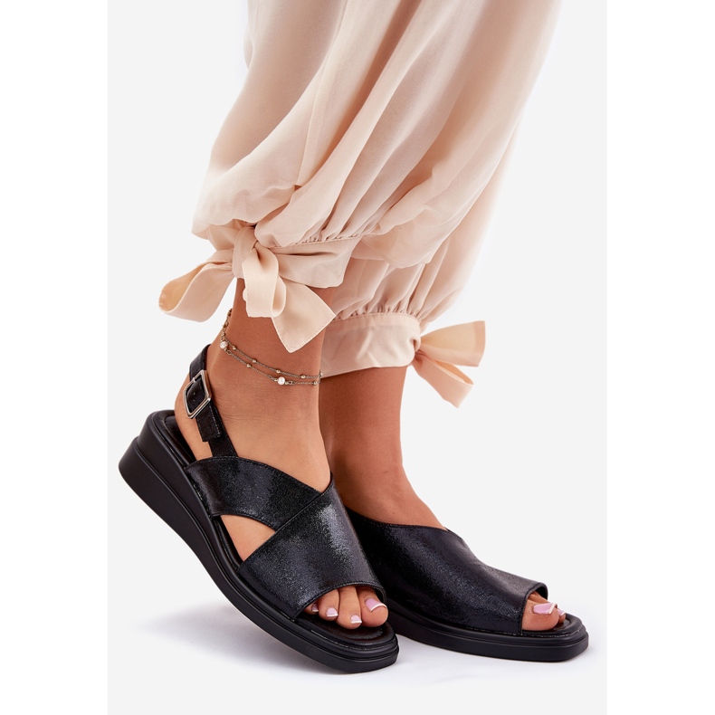 Jezzi Oslikane ženske sandale na klinu s eko kožom crnom kožom 1