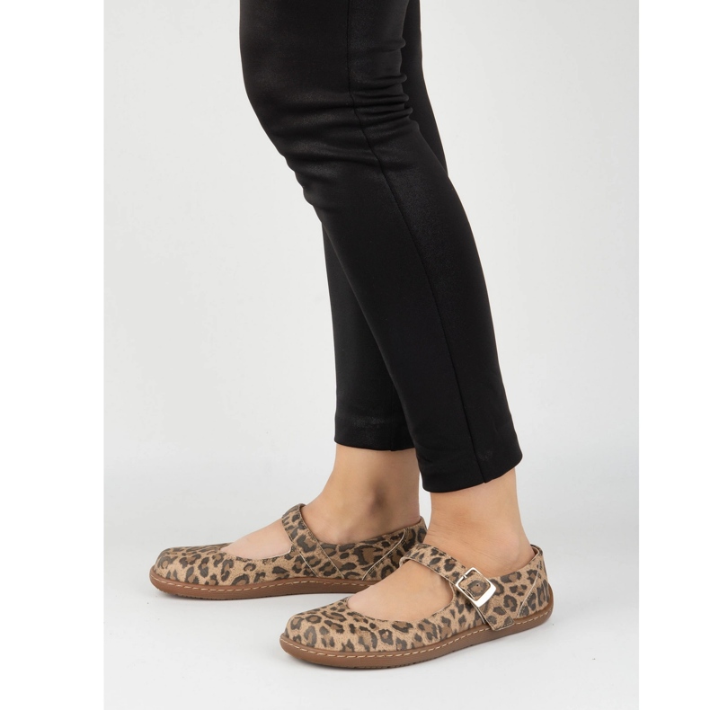 Bosonogi ženski balerine Olivier 1286 - Kožne cipele s kopčom za svakodnevne i elegantne pantere stilizacije smeđa 2