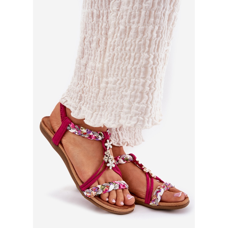 Ravne ženske sandale s pletenim prugama i artikerom igle 56C1314 FUKSJA ružičasta 1