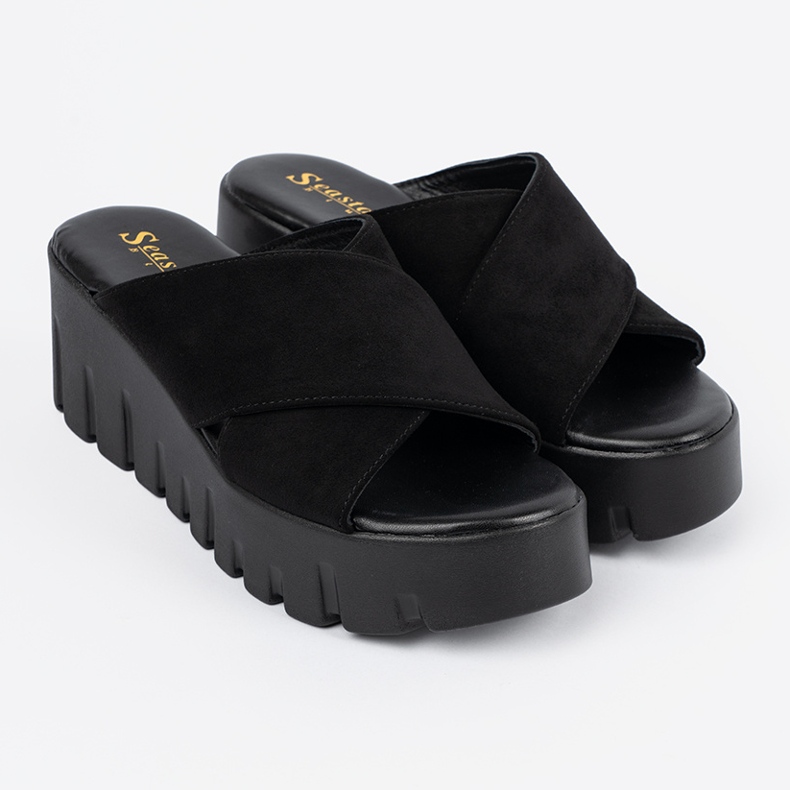 Seastar Ženske crne sandale na klin od brušene kože crno 1