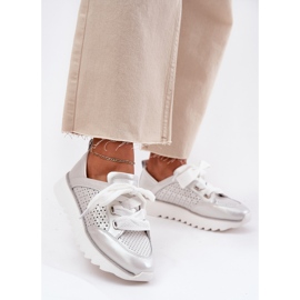 S.Barski Ženske kožne tenisice na srebrnoj platformi LR51-796 srebro 2